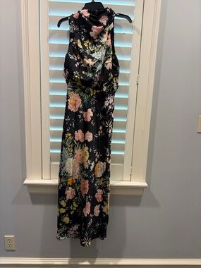 Floral Halter Maxi Dress in Black with Pink and Yellow Blooms